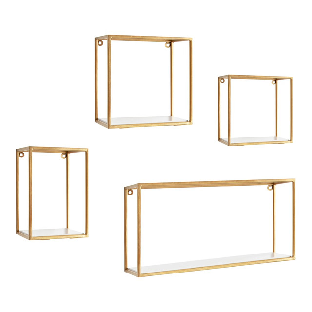 UNIEK INC. 216421 Kate and Laurel Mallory Wood and Metal Wall Shelf Set, Gold, Set Of 4 Shelves