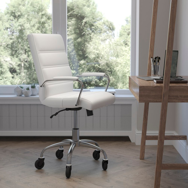 FLASH FURNITURE GO2286MWHRLB Camilia Ergonomic Faux Leather Mid-Back Executive Swivel Office Chair With Arms, White/Chrome FLASH FURNITURE GO2286MWHRLB Camilia Ergonomic Faux Leather Mid-Back Executive Swivel Office Chair With Arms, White/Chrome