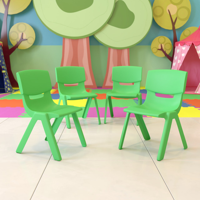 FLASH FURNITURE 4YUYCX4004GREEN Plastic Stackable School Chairs With 13-1/4in Seat Height, Green, Pack Of 4 Chairs FLASH FURNITURE 4YUYCX4004GREEN Plastic Stackable School Chairs With 13-1/4in Seat Height, Green, Pack Of 4 Chairs