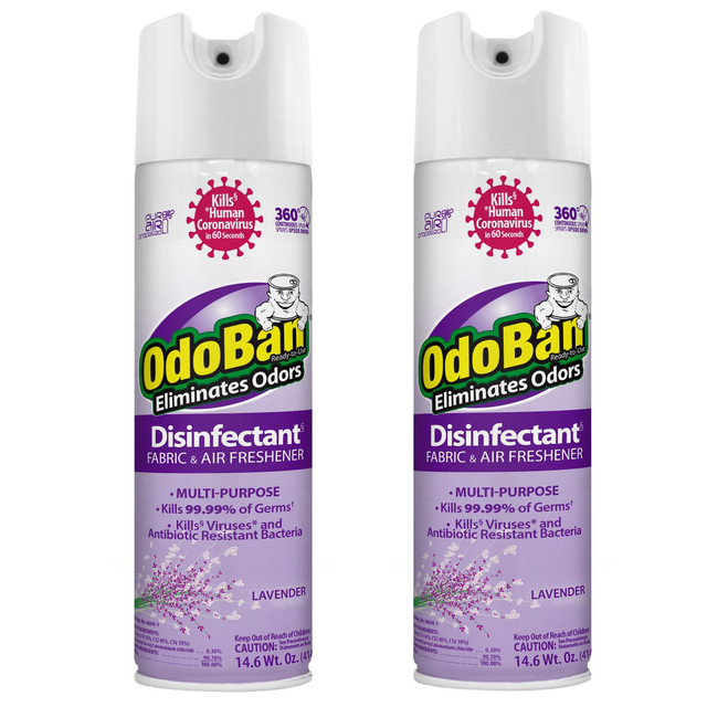ODOBAN 91010114A2-OD Ready-to-Use 360-Degree Continuous Spray Disinfectant Cleaner and Odor Eliminator, Lavender Scent, 14.6 Oz, Set Of 2 Spray Cans ODOBAN 91010114A2-OD Ready-to-Use 360-Degree Continuous Spray Disinfectant Cleaner and Odor Eliminator, Lavender Scent, 14.6 Oz, Set Of 2 Spray Cans