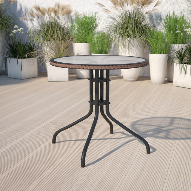 FLASH FURNITURE TLH087DKBN  Barker Round Tempered-Glass Metal Outdoor Furniture Table With Rattan Edging, 28inH x 28-3/4inW x 28-3/4inD, Clear/Dark Brown