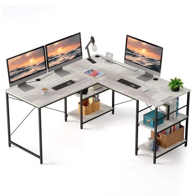 BESTIER BEST-15158-D31BSH  L-Shaped Corner Computer Desk With Storage Shelf, 3 Cable Holes, 60inW, Light Retro Gray Oak