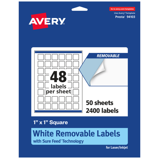 AVERY PRODUCTS CORPORATION 94103-RMP50 Avery Removable Labels With Sure Feed, 94103-RMP50, Square, 1in x 1in, White, Pack Of 2,400 Labels AVERY PRODUCTS CORPORATION 94103-RMP50 Avery Removable Labels With Sure Feed, 94103-RMP50, Square, 1in x 1in, White, Pack Of 2,400 Labels