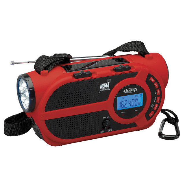 SPECTRA - JENSEN JEP-650 Jensen Portable Digital AM/FM Weather Radio With Weather Alert, Flashlight And 4-Way Charging, 4.02inH x 8inW x 2.76inD, Red SPECTRA - JENSEN JEP-650 Jensen Portable Digital AM/FM Weather Radio With Weather Alert, Flashlight And 4-Way Charging, 4.02inH x 8inW x 2.76inD, Red