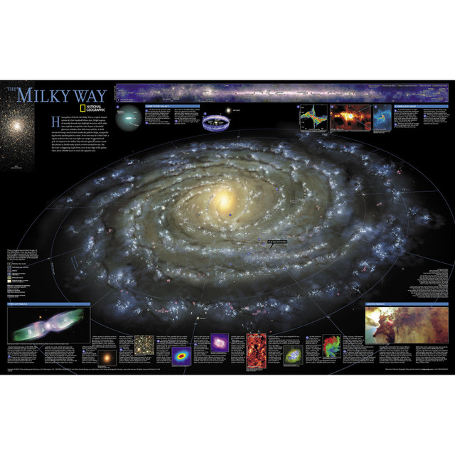 This computer-generated image of the Milky Way shows the entire galaxy in one perspective of a 3-D model compiled specially for National Geographic.  The model incorporates the positions of hundreds of thousands of stars and nebulae within the galaxy, shows Earths location, and includes additional photographs, descriptions and locations of fascinating phenomena throughout the Milky Way.  The map is encapsulated in heavy-duty 1.6 mil laminate which makes the paper much more durable and resistant to the swelling and shrinking caused by changes in humidity.  Laminated maps can be framed without the need for glass, so the frames can be much lighter and less expensive.  Measures 31.25in x 20.25in.