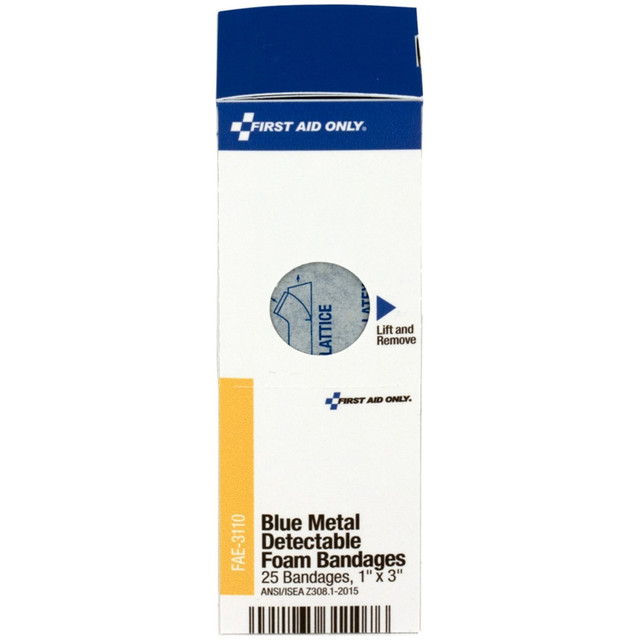 FIRST AID ONLY, INC. FAE-3110 First Aid Only Smart Compliance Foam Metal Detectable Bandage Refill, 4-7/16inH x 2inW x 1-3/4inD,  Blue, Pack Of 25 Bandages