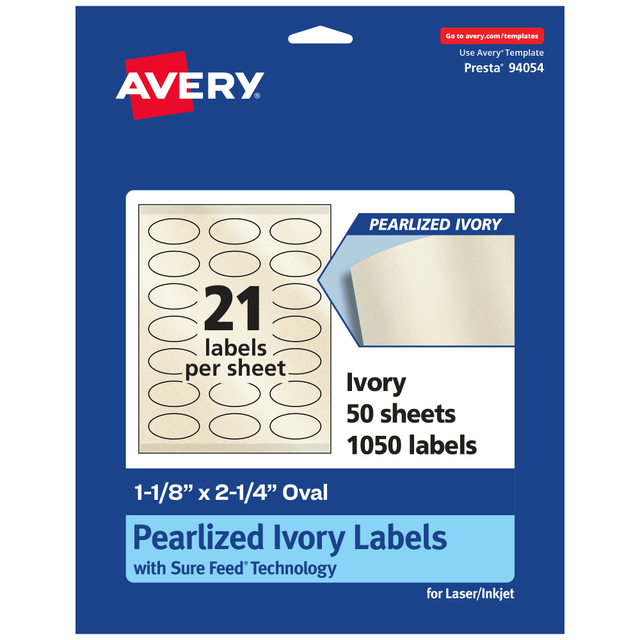 AVERY PRODUCTS CORPORATION 94054-PIP50 Avery Pearlized Permanent Labels With Sure Feed, 94054-PIP50, Oval, 1-1/8in x 2-1/4in, Ivory, Pack Of 1,050 Labels AVERY PRODUCTS CORPORATION 94054-PIP50 Avery Pearlized Permanent Labels With Sure Feed, 94054-PIP50, Oval, 1-1/8in x 2-1/4in, Ivory, Pack Of 1,050 Labels