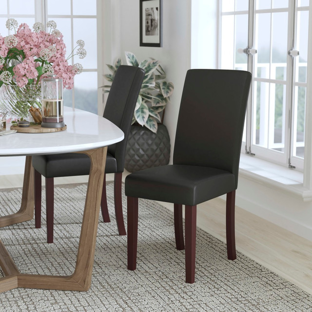 FLASH FURNITURE BT350BKLEA023  Traditional LeatherSoft Parsons Dining Chair, Black/Mahogany