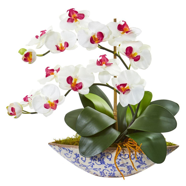 NEARLY NATURAL INC. 1874-WH Nearly Natural Phalaenopsis Orchid 16inH Artificial Floral Arrangement With Vase, 16inH x 18-1/2inW x 9inD, White