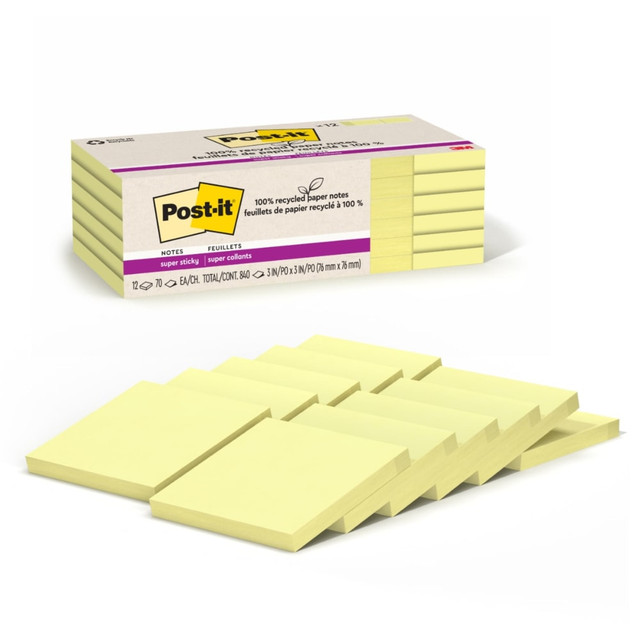 3M CO 654R-12SSCY Post-it Super Sticky Recycled Notes, 3 in x 3 in, 12 Pads, 70 Sheets/Pad, 2x the Sticking Power, Canary Yellow, 100% Recycled 3M CO 654R-12SSCY Post-it Super Sticky Recycled Notes, 3 in x 3 in, 12 Pads, 70 Sheets/Pad, 2x the Sticking Power, Canary Yellow, 100% Recycled