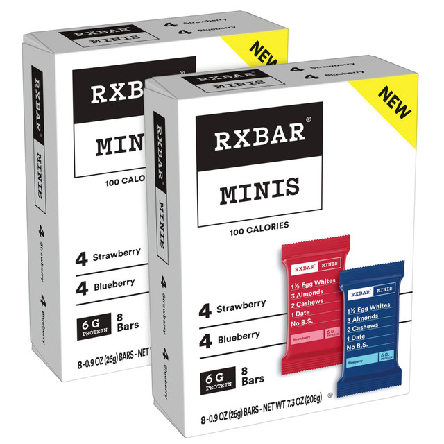 SUNSET HILL FARM 008101289478 RXBAR MINIS Strawberry + Blueberry Bars, 0.9 Oz, 8 Bars Per Box, Pack Of 2 Boxes