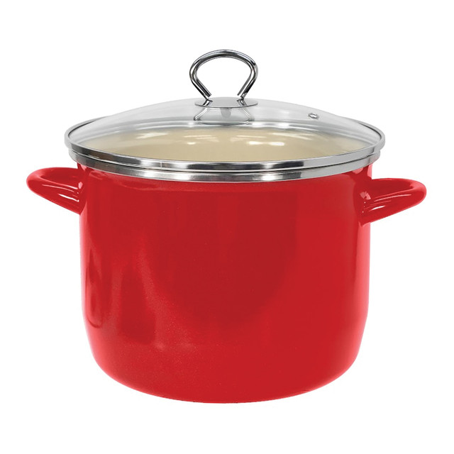 EKCO(R) 4043501 Vasconia Enamel-On-Steel Straight Stockpot With Glass Lid, 8 Qt, Red