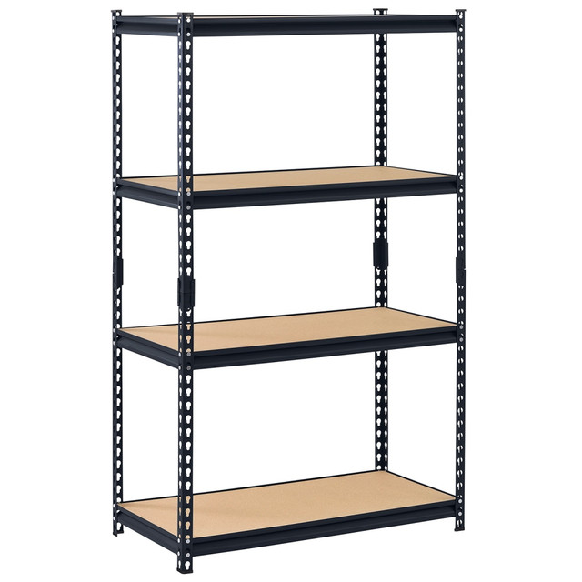 Organize your storage with the Edsal Muscle Rack Heavy Duty Boltless Steel Shelving Unit. This unit is made of heavy-duty steel for durability, while the ZBEAM shelving adds strength and support. The boltless rivet-lock design allows for easy assembly.  Made of heavy-duty steel.  ZBEAM shelving adds strength and support.  Boltless rivet-lock design allows for easy assembly.  Adjustable particleboard decking accommodates various item sizes.  Post coupler offers easy post assembly.  Includes post caps.  Weight capacity tested to support 3200 lb (800 lb per shelf).  Assembly required.  Backed by the manufacturer's 1-year limited warranty.