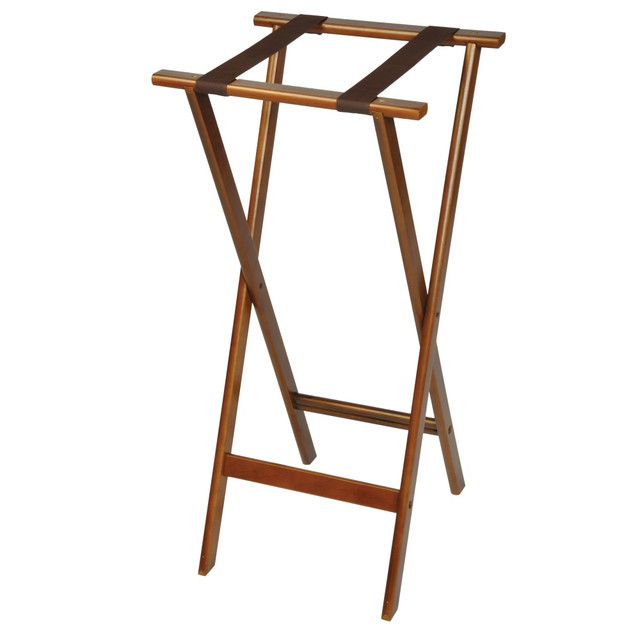 CENTRAL SPECIALTIES CO. 1178 CSL Deluxe Wood Back Saver Tray Stands, 38inH x 18-1/2inW x 17inD, Dark Finish/Brown Straps, Set of 5 Stands
