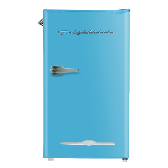 The Frigidaire 3.2 Cu. Ft. Mini Retro Bar Refrigerator With Side Bottle Opener is a stylish and functional addition to any space. It is constructed with a reversible door so it can be placed virtually anywhere. The interior has 2 adjustable, spill-proof glass shelves, a 6-can door dispenser, 2 L bottle compartment and 2 additional door compartments.  Delivers 65W of power for effective cooling.  Offers 2.95 cu. ft. of food storage and 0.25 cu. ft. of freezer storage.  Features 2 adjustable, spill-proof glass shelves, a 6-can door dispenser, 2 L compartment and 2 additional compartments.  Integrated side bottle opener.  Reversible door allows for versatile placement.  Includes an ice cube tray.  Backed by the manufacturers 1-year limited warranty.
