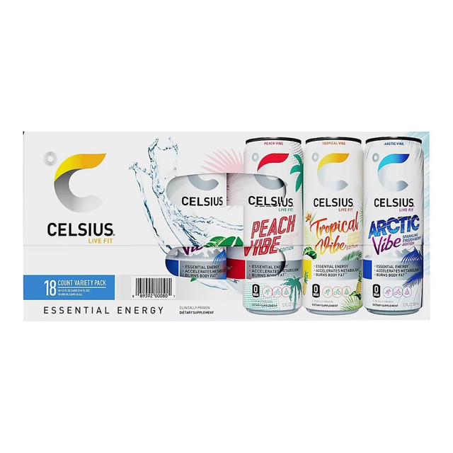 Get a boost in energy whether it's at the start of the work day or mid-way through the afternoon with the Celsius Vibe Energy Drinks Variety Pack. This variety pack has 3 delicious flavors to choose from, and thanks to its formulation of 7 essential vitamins, these drinks support health and an active lifestyle.  Includes 3 flavors: peach vibe, tropical vibe and arctic vibe.  Carbonated for a fizzy taste.  Formulated with green tea extract, EGCG, guarana seed extract, ginger root, vitamin C, vitamin B and chromium.  Low in sodium.  Contains zero sugar.  Kosher certified.  Vegan.  Non-GMO.  No aspartame, artificial flavors, artificial colors or preservatives.