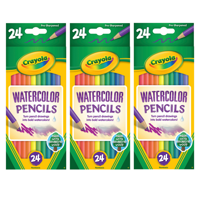 EDUCATORS RESOURCE BIN4304-3 Crayola Watercolor Pencils, Assorted Colors, 24 Colored Pencils Per Box, Set Of 3 Boxes
