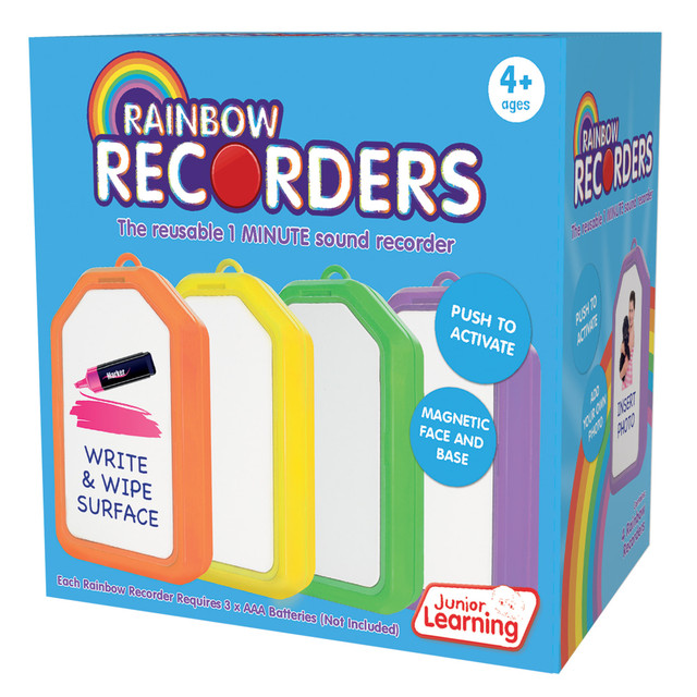The Junior Learning Magnetic Rainbow Recorders are great for writing, recording and more fun. These recorders can record up to 1 minute of sound and be written on with the write and wipe surface. You can even personalize them with a photo.  Record up to 1 minute of sound.  Write and wipe surface can be written on.  Magnetic face and base.  Can be personalized with a photo.  Contains 4 recorders.  Requires 3 AAA batteries (sold separately).