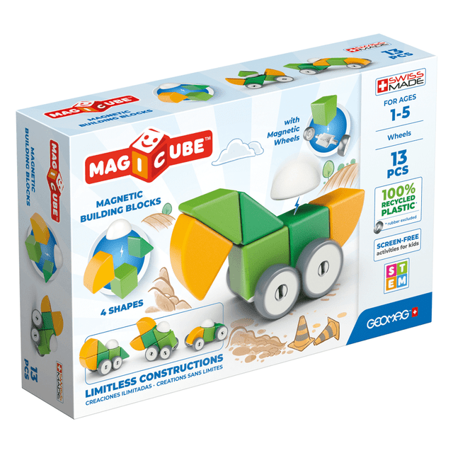 Magicube Magnetic Building Blocks will allow your toddler to build different shapes, color combinations and 3D structures using Geomag Magicubes that are uniquely designed to connect on all sides.  Includes four block shapes allowing toddlers to build a large assortment of construction projects!  STEM.org authenticated Magicubes help in the development of creativity, fine motor skills in addition to stimulating imaginative play and curiosity through the science of magnetic construction.  This set contains 13 magnetic blocks in four shapes.  Contains Recycled Content - See Specs for Details.