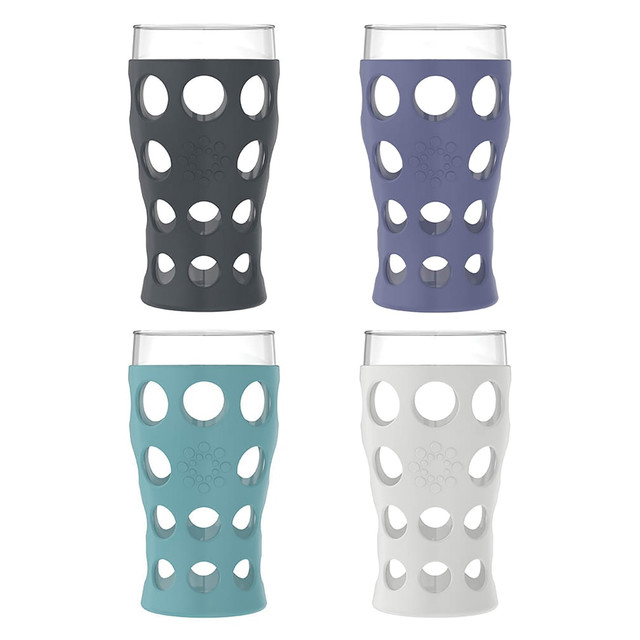 Use the LifeFactory Beverage Glasses with Protective Silicone Sleeves to sip inside or in the yard. These pint glasses are made of glass and have silicone sleeves for added protection.  Glass construction designed to handle the bumps of everyday life.  Silicone sleeves provide a nonslip grip and help protect glasses.  Dishwasher safe on top rack.  Colors include stone gray, aqua teal, dusty purple and carbon.