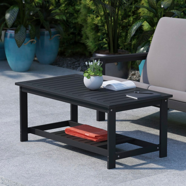 FLASH FURNITURE JJT14022BK Charlestown All-Weather Poly Resin Wood 2-Tiered Commercial-Grade Adirondack Slatted Outdoor Furniture Coffee Conversation Table, 18-1/4inH x 44-1/2inW x 23-3/4inD, Black FLASH FURNITURE JJT14022BK Charlestown All-Weather Poly Resin Wood 2-Tiered Commercial-Grade Adirondack Slatted Outdoor Furniture Coffee Conversation Table, 18-1/4inH x 44-1/2inW x 23-3/4inD, Black