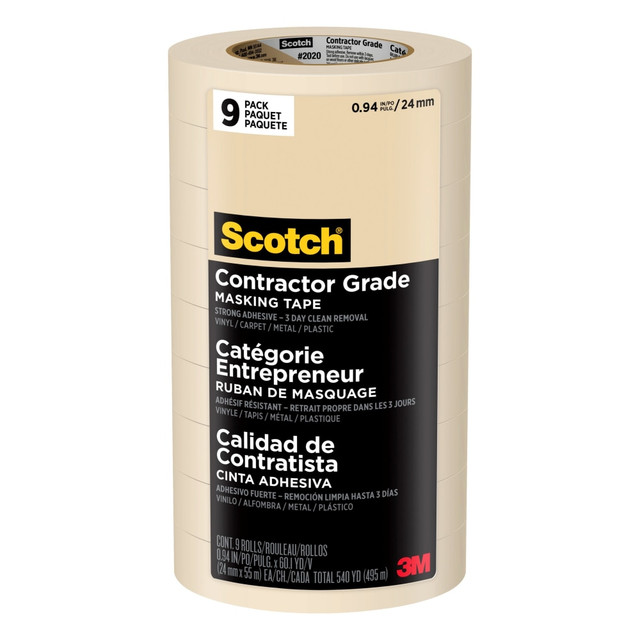3M CO 2020-24AP9 Scotch Contractor Grade Masking Tape, Removable, 9 Tape Rolls, 0.94 in x 60.1 yd, 3in Core, White 3M CO 2020-24AP9 Scotch Contractor Grade Masking Tape, Removable, 9 Tape Rolls, 0.94 in x 60.1 yd, 3in Core, White