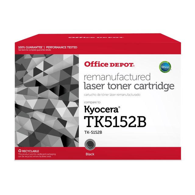 Compatible Kyocera Mita models: M : M6035cidn, M6535cidn.   P : P6035cdn.  .  The Office Depot Standard Yield Black Toner Cartridge Replacement For Kyocera Mita TK5152 provides crisp and clear prints. It yields up to 12,000 pages and is ideal for home or at work.  Comparable to Kyocera TK-5152K toner.  Yields up to 12,000 pages.  Cartridge provides clean, crisp prints.  Ideal for home and office use.  Effortless installation.  Remanufactured - made from quality recovered cartridges, helping you save resources, reduce waste and potentially save money.  Recycling solution - designed to encourage recycling, helping you divert materials from landfill.