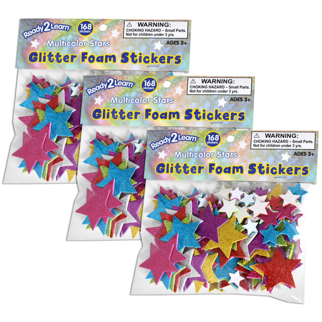 Decorate projects, classroom surfaces and more with the Ready 2 Learn Glitter Foam Stickers. The stickers are made of thick, durable material for lasting use, and they have a self-adhesive backing for easy application.  Made of thick, durable material.  Self-adhesive backing allows for easy application.  Includes 6 each of uppercase letters A to Z.  Includes 7 colors and 3 shapes each of stars.