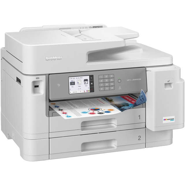 Unleash your productivity powerhouse with this Brother Workhorse printer! Conquer demanding print, scan, copy, and fax tasks with blazing speeds of 30ppm in black and color. Breeze through multi-page documents with the 50-sheet ADF and automatic duplex printing. Enjoy mobile printing freedom and up to 1 year of ink in-box, printing up to 3,000 black and 1,500 color pages. Super high-yield cartridges slash costs further, offering up to 6,000 black and 5,000 color pages.  Blaze through tasks at 30ppm black and color, with 50-sheet ADF  Print directly from your smartphone or tablet  Enjoy up to 1 year of ink in-box (3,000 black, 1,500 color)  Save time and paper with automatic two-sided printing  Print, scan, copy, and fax with ease.