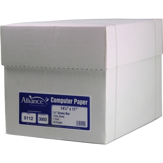 Print dynamic forms for your office with Alliance Computer Paper. Each sheet boasts 92+ brightness for stunning results.  Durable paper is designed for professional use.  Boasts 92+ brightness.  White with a 1/2in green bar.  Boasts 3,000 sheets per container.