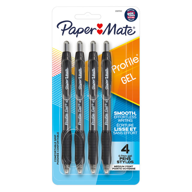For ultra-smooth, colorful writing, turn to Paper Mate Profile Gel pens. These retractable pens feature vibrant ink that stands out on the page. A soft grip lets you write comfortably, no matter the writing task. Each gel pen has a 0.7mm tip that lays down beautiful yet fluid lines.  Gel pens that provide smooth, crisp, effortless lines  Ultra-smooth gel ink so your pen glides on the page  Soft comfort grip provides an easy writing experience  0.7mm medium point  0.7mm point  Includes: 4 black pens