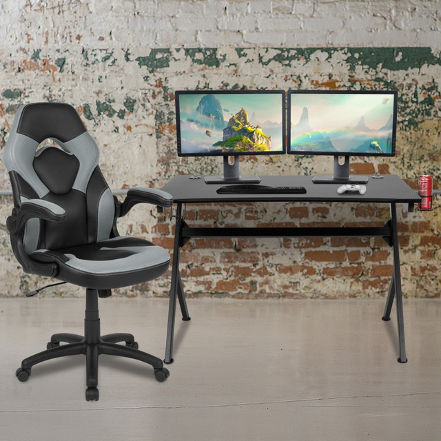 FLASH FURNITURE BLNX10D1904GY Gaming Desk And Racing Chair Set With Cup Holder, Headphone Hook & 2 Wire Management Holes, Gray FLASH FURNITURE BLNX10D1904GY Gaming Desk And Racing Chair Set With Cup Holder, Headphone Hook & 2 Wire Management Holes, Gray