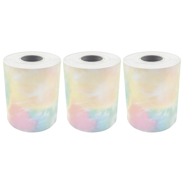 Decorate your classroom with the Teacher Created Resources Straight Rolled Border Trim. Made with tough paper material, this trim gives your room a fun, colorful look.  Paper can withstand the whole school year.  Can be mixed and matched with other border trim for a unique look.  Rolls can be cut to the desired size.  Pastel tie-dye design.