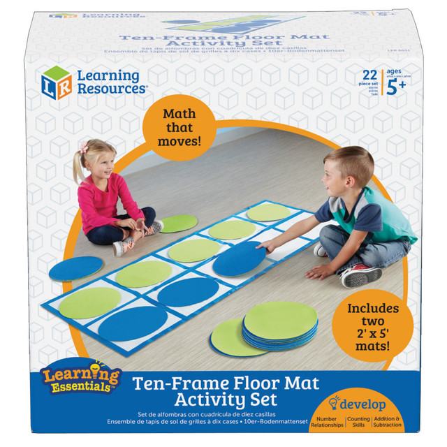 This large-scale learning set combines fun movement with early math concepts to help kids develop gross motor skills. With two ten-frame floor mats and twenty double-sided discs, children can practice counting, number patterns, and simple addition and subtraction, all while moving and playing. An activity guide is also included for added learning fun.  Build gross motor skills through large mats and fun-to-move discs  Practice counting, 1-to-1 correspondence, addition, subtraction, and more  Includes 2 ten-frame floor mats (5L x 2ftH) and 20 double-sided blue/green discs  Supports early math skills and aligns with Common Core State Standards  Ideal for Grades 2+ and ages 5+  Activities help with number operations and algebraic thinking