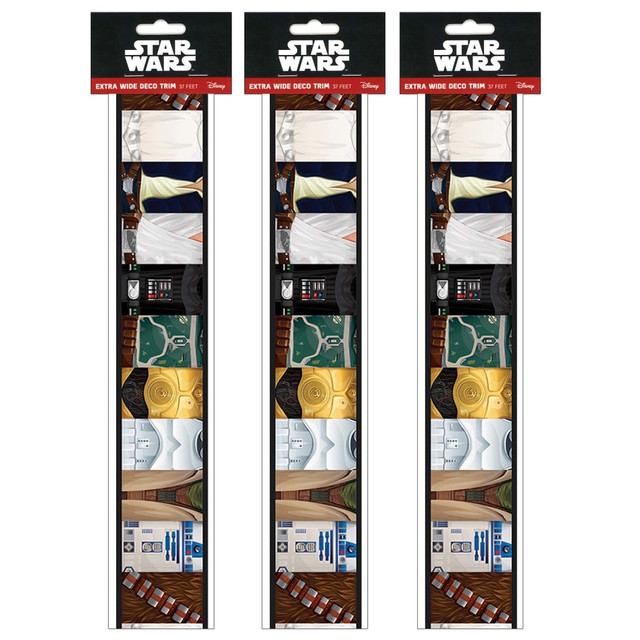 The Eureka Extra Wide Die Cut Deco Trim Packs will add a finishing touch to your classroom. Use these acid-free paper strips as borders to your displays, windows, chalkboards and more.  Made of acid-free paper.  Extra-wide design.  Helps decorate your classroom, bulletin boards and more.  Star Wars-themed design.
