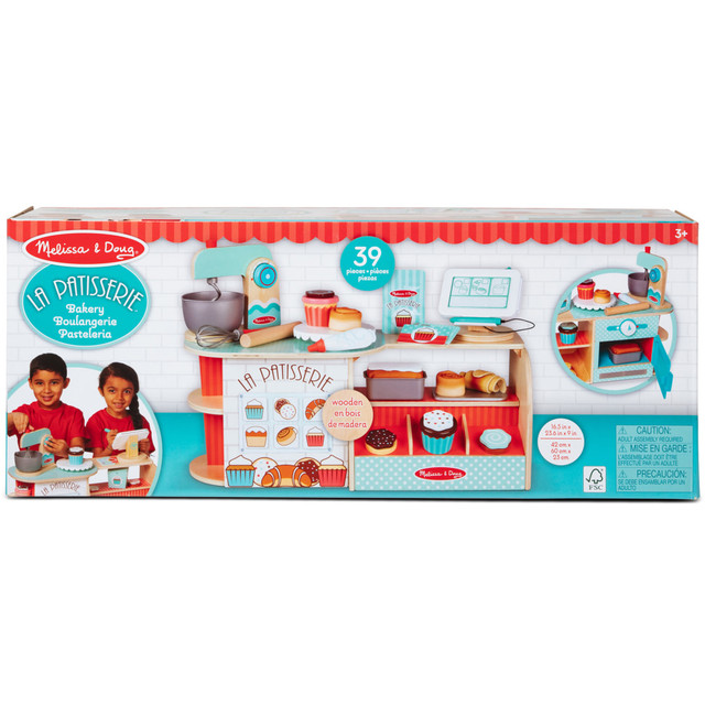 This full-service wooden bakery set from Melissa & Doug lets kids step into the role of either baker or customer, offering endless opportunities for imaginative play! The 39-piece set includes everything needed to bake, decorate, and display delicious treats, while the removable mixer, credit card machine, and magnetic menu board add an extra layer of fun and realism. Designed for children 3 to 7, it encourages fine motor skills, creativity, and early learning.  39-piece wooden bakery play set  Includes a removable mixer with dough hook and whisk  Features wooden cookies, cupcakes, cinnamon buns, croissants, and bread  Baking accessories include trays, pans, squishy icing tube, and foldable cupcake box  Play items like a magnetic menu, reusable loyalty card, and credit card machine  Encourages fine motor development, counting, sorting, and color recognition  Perfect for 3- to 7-year-olds for hands-on, screen-free play