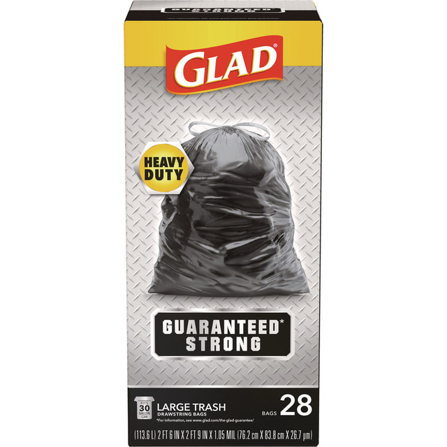 GLAD 78966  Guaranteed Strong Large Drawstring Trash Bags, Three-Ply, 30 gal, 1.05 mil, 30 x 33, Black, 28 Bags/Box, 6 Boxes/Carton