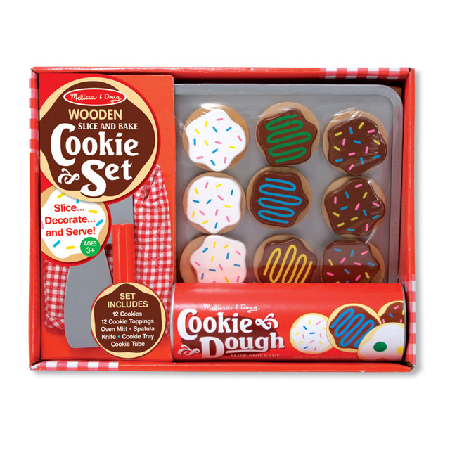 This colorful wooden cookie set is a fun, "low-calorie" way for kids to enjoy pretend baking and kitchen play! It includes 12 sliceable cookies, 12 toppings, a wooden knife, spatula, cookie sheet, and kitchen mitt for safe, imaginative fun. The cookies can be stored in the durable dough tube, making cleanup easy.  Includes 12 sliceable cookies and 12 toppings  Comes with a wooden knife, spatula, cookie sheet, and kitchen mitt  Cookies store in a durable dough tube for easy organization  Encourages pretend kitchen play and fine motor skills  High-quality materials ensure long-lasting play and safety  Recommended for ages 3+ years  Dimensions: 10.5in x 13.5in x 3.25in packaged