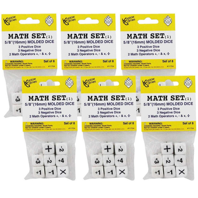 Koplow Games Math Dice Set is a fun, hands-on way for students to learn basic math skills.  Children learn more effectively when it is reinforced through play.  Perfect for individual play, in small groups or as a classroom making these dice a great educational resource.  Dice measure 16mm (5/8in).  Great for demonstrating math functions.  Each set includes 8 dice: 3 positive dice, 3 negative dice and 2 math operator dice.  Sold as 6 sets for a total of 48 dice.
