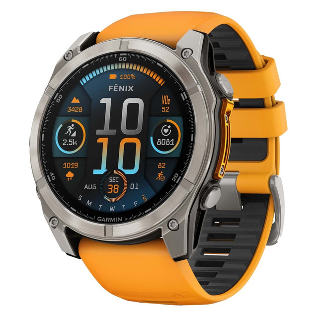 The Garmin fenix 8 AMOLED Multisport GPS Watch is designed to help improve your workouts, health and wellness. The watch features several training programs that take your fitness metrics into account. The multi-band GPS with SatlQ technology makes it easy to navigate your runs through new areas. Receive audible directions to reach your target location with the dynamic round-trip routing feature.  Bright 1.4in AMOLED display.  Durable stainless steel bezel.  Equipped with an LED flashlight.  Comfortable silicone band.  Thermal and shock resistant to MIL-STD 81.  Metal sensor guard protects sensors from damage.  Offers targeted strength training plans, real-time stamina tracking, sport-specific workouts and built-in sports apps.  Training readiness score is based on your sleep quality, recovery, training load and HRV status.  Built-in speaker and microphone for calls and voice assistant.  Off-grid voice command feature lets you select controls without a smartphone connection.  Navigate with the multi-band GPS with SatIQ technology.  Built-in sensors for a 3-axis compass, gyroscope and a barometric altimeter.  Dynamic round-trip routing directs you based on your target distance.  Receive turn-by-turn directions.  Dive rated for 131ft.  Leakproof metal buttons for underwater use.  Wellness monitoring with your wrist-based heart rate, advanced sleep monitoring, respiration tracking, Pulse Ox and more.  ECG app can record your heart rhythm and check for signs of atrial fibrillation.  Features built-in golf course and ski resort maps worldwide.  Download TopoActive maps for new adventures.  Connect with a compatible smartphone to receive smart notifications.  Enable music storage, Garmin Pay and more.  Battery performance up to 29 days in smartwatch mode.  Up to 84 hours of battery life in GPS mode.  Includes a charging cable and documentation.  Backed by the manufacturers 1-year limited warranty.