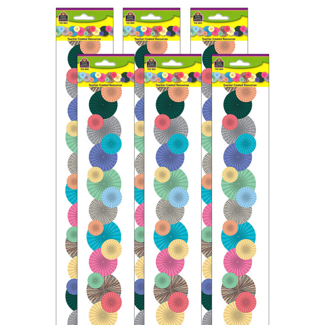 Decorate your classroom with the Teacher Created Resources Die-Cut Border Trim. The trim boasts a colorful design that looks great on windows, walls and more.  Ideal for use with bulletin boards, windows, walls and class projects.  Can be used with coordinating products (sold separately) to create a classroom theme.  Each pack has 12 pieces for a total length of 34ft of trim. Sold as 6 packs for a total of 72 pieces (204ft).