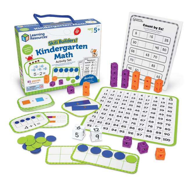 Help your child build kindergarten-ready math skills with the Skill Builders! Kindergarten Math activity set. This 81-piece set combines hands-on activities and tools to teach number recognition, addition, subtraction, and early comparison skills. With a built-in carrying case, it's perfect for learning at home, in the classroom, or on the go.  Includes 20 MathLink Cubes to build hands-on number recognition  Colorful flashcards make addition and subtraction fun and engaging  Ten Frames help kids understand greater than and less than concepts  Designed for use in classrooms, homeschooling, or accelerated preschool learning  Features a reusable carrying case for easy storage and portability  Ideal for kids ages 5+ to develop foundational math skills  Encourages interactive, active play to make early math learning exciting