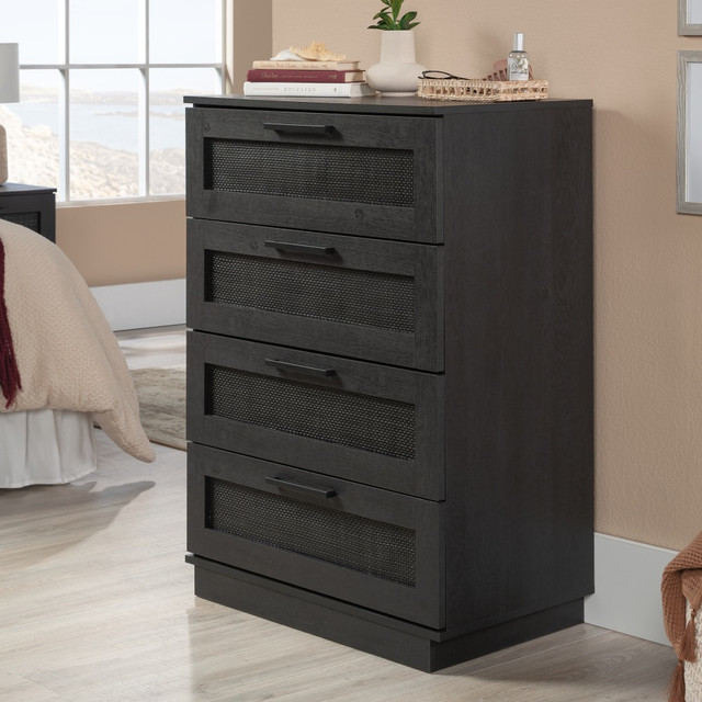 SAUDER WOODWORKING CO. 433512 Sauder Tiffin Line Rattan 4-Drawer Chest, 41inH x 29-3/8inW x 17-1/2inD, Raven Oak SAUDER WOODWORKING CO. 433512 Sauder Tiffin Line Rattan 4-Drawer Chest, 41inH x 29-3/8inW x 17-1/2inD, Raven Oak