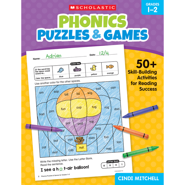 Help children learn important phonics lessons with the Scholastic Teaching Solutions Phonics Puzzles & Games Activity Book. This activity book provides plenty of games, including mazes, picture puzzles and more to make learning fun.  Reproducible activity pages help children develop key phonics skills, including working on consonants, short and long vowels, blends and digraphs, complex vowels, word study and more.  Great for homework or independent learning.  Recommended for students in 1st or 2nd grade.  Provides picture puzzles, mazes, connect the dots and more to make learning exciting.