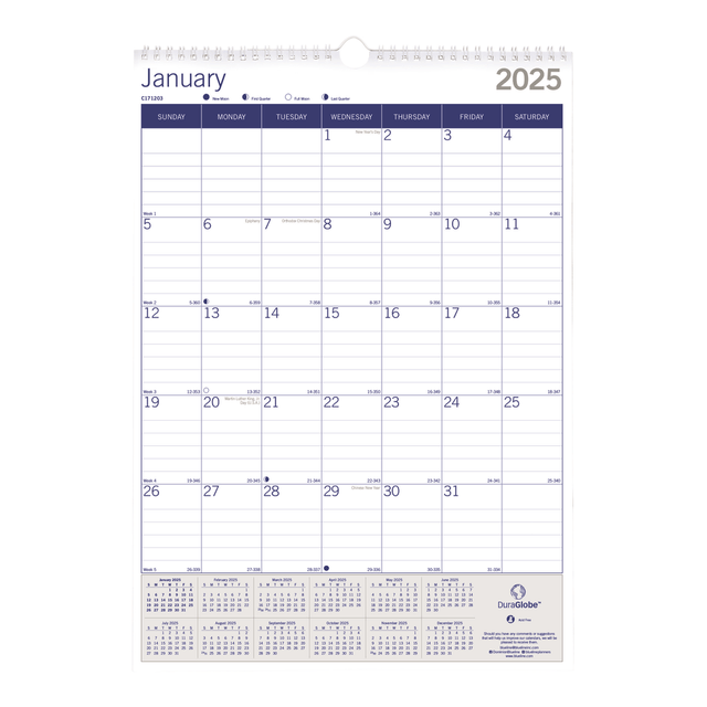 REDIFORM, INC. C171203-25 2025 Blueline DuraGlobe Monthly Wall Calendar, 12in x 17in, Blue/White, January To December, C171203