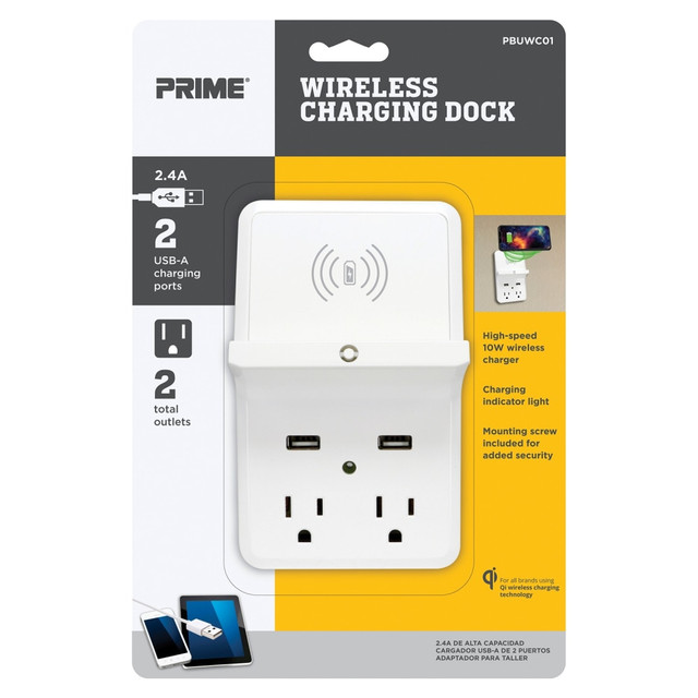 GEHR ELECTRICAL PRODUCTS PBUWC01 Prime Wireless Charging Dock Wall Tap With 2 Outlets And Dual USB Charger, White, PBUWC01