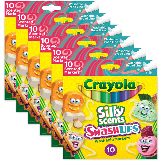 EDUCATORS RESOURCE BIN588274-6 Crayola Silly Scents Smash Ups Washable Scented Markers, 60 Markers, Broad Tip, Assorted Colors, 10 Markers Per Pack, Set Of 6 Packs EDUCATORS RESOURCE BIN588274-6 Crayola Silly Scents Smash Ups Washable Scented Markers, 60 Markers, Broad Tip, Assorted Colors, 10 Markers Per Pack, Set Of 6 Packs