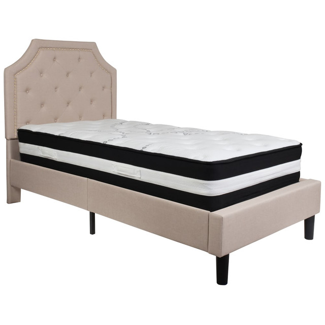 FLASH FURNITURE SLBM1 Brighton Arched Tufted Upholstered Platform Bed And Pocket Spring Mattress, Twin, Beige FLASH FURNITURE SLBM1 Brighton Arched Tufted Upholstered Platform Bed And Pocket Spring Mattress, Twin, Beige