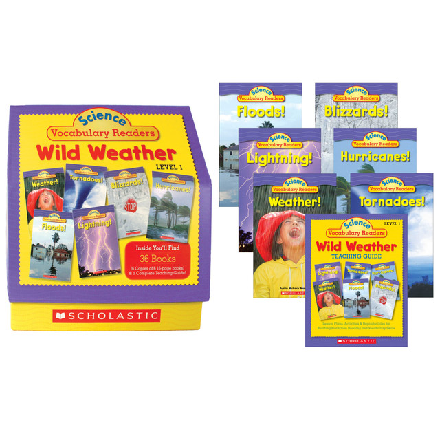 Learn about weather patterns and extreme weather events with the Scholastic Science Vocabulary Wild Weather Readers. Each book includes diagrams and short chapters that help students improve their knowledge and vocabulary.  Helps students improve their non-fiction skills and vocabulary.  Each book contains a table of contents. 3 short chapters, diagrams, captions, comprehension questions, a glossary and more.  Includes 36 books, a 24-page teaching guide and a sturdy storage unit.