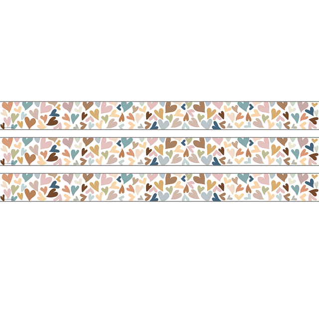 Decorate your classroom with the Teacher Created Resources Straight Rolled Border Trim. Made with tough paper material, this trim gives your room a fun, colorful look.  Paper can withstand the whole school year.  Can be mixed and matched with other border trim for a unique look.  Rolls can be cut to the desired size.  Everyone Is Welcome hearts design.
